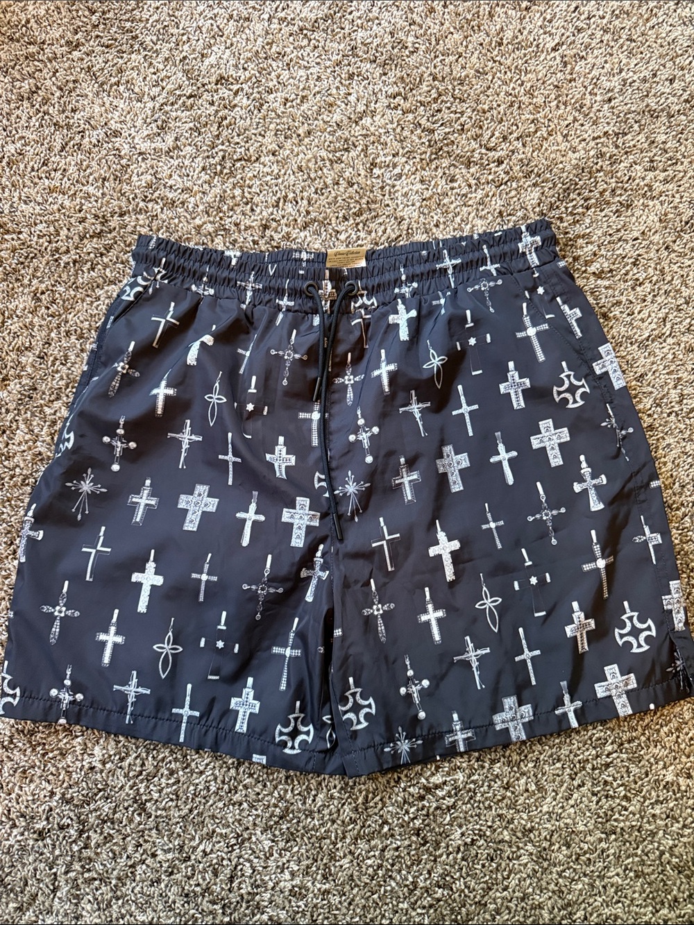 Black Cross-Pattern Men's Swim Trunks with Drawstring Waist